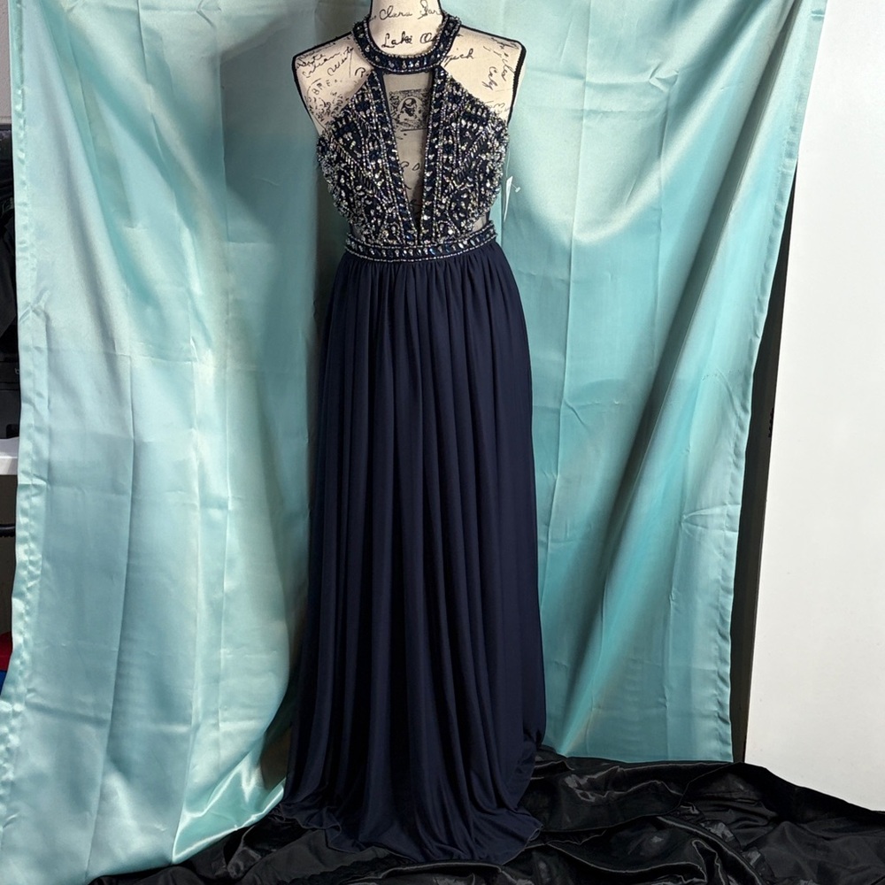 Sequin Hearts by Windsor Navy and Rhinestone Detail Evening Gown/Prom Dress